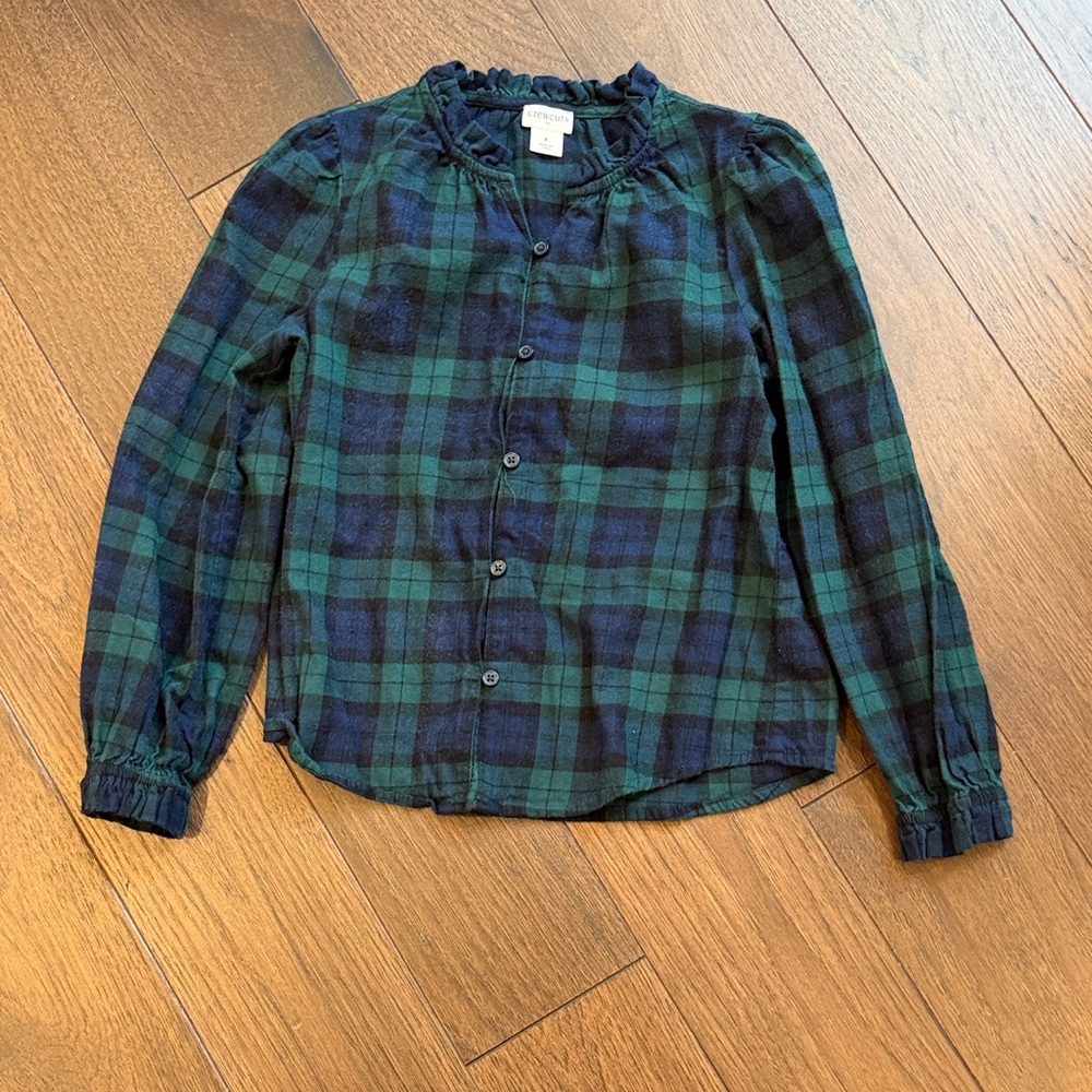 Crewcuts Green and Blue Plaid Button Down Shirt Ruffle Collar Size 8 C12-021